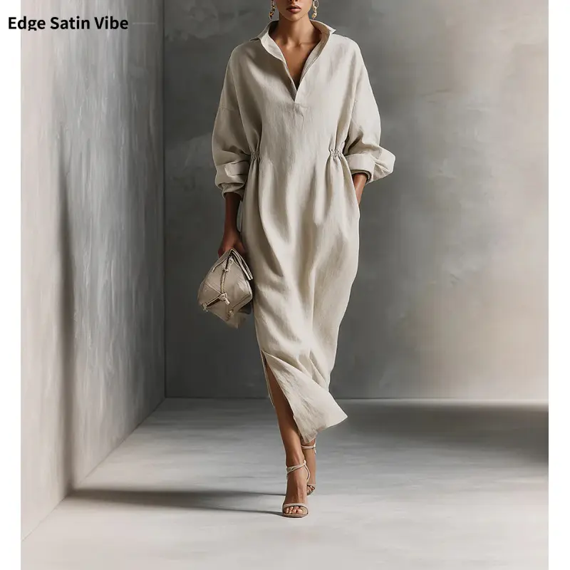 Women's French casual fashion long dress, elegant long-sleeved lapel dress with a slit