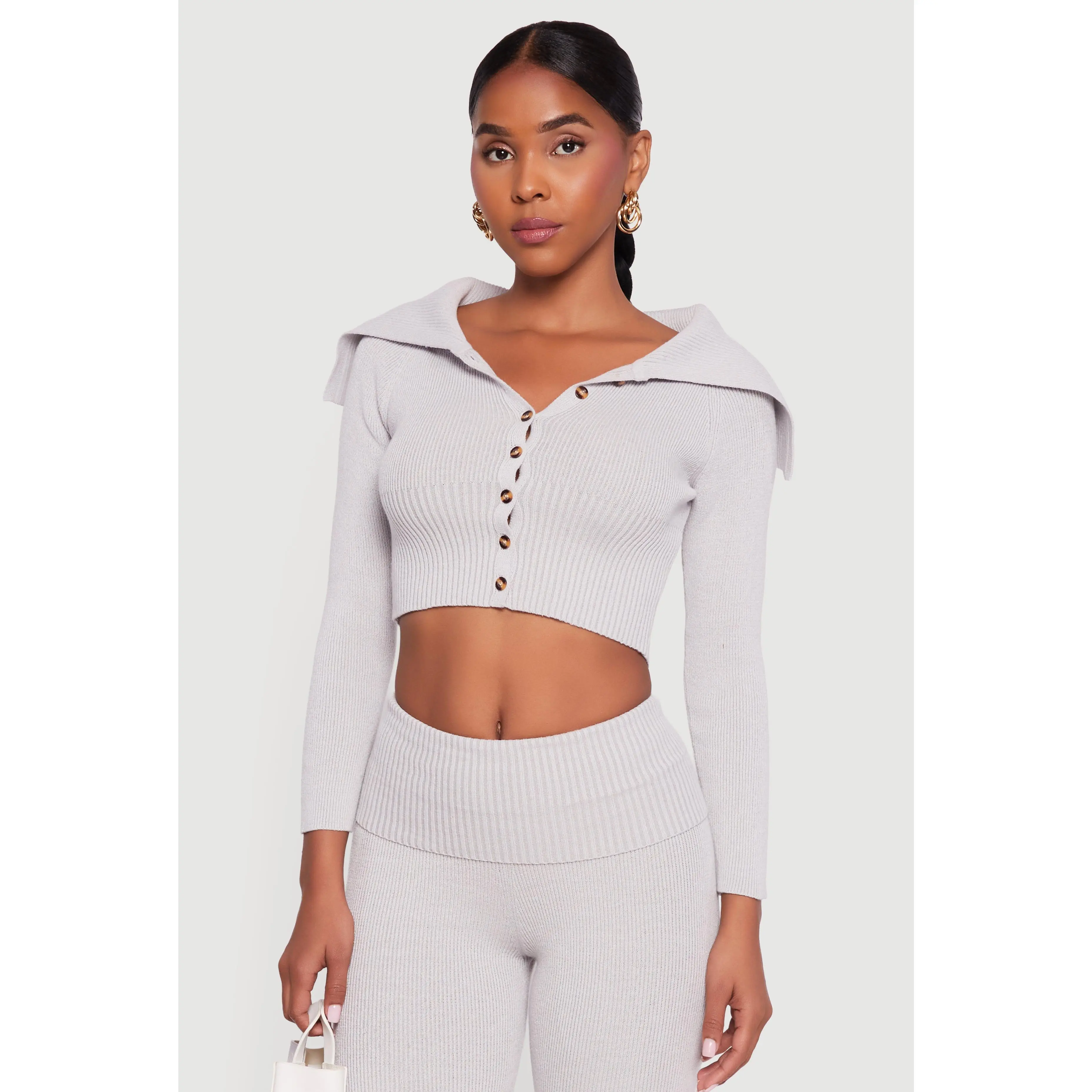 Fold Over Collar Ribbed Knit Button Front Sweater