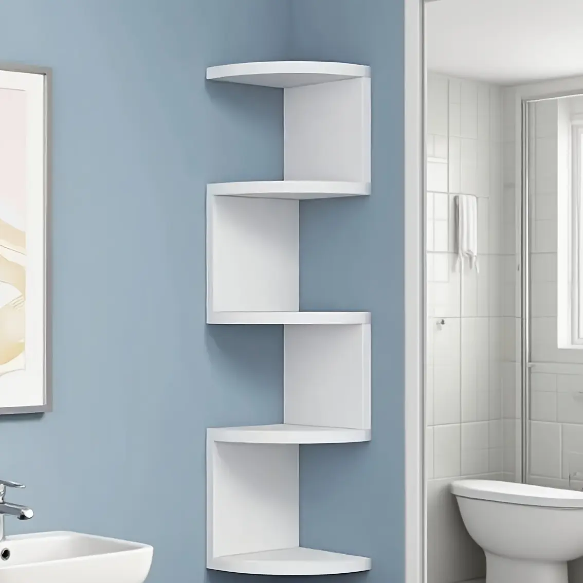 Corner wall-mounted shelf, 5-tier storage unit, floating display shelf—perfect for home, living room, bedroom, office, bathroom, and small spaces