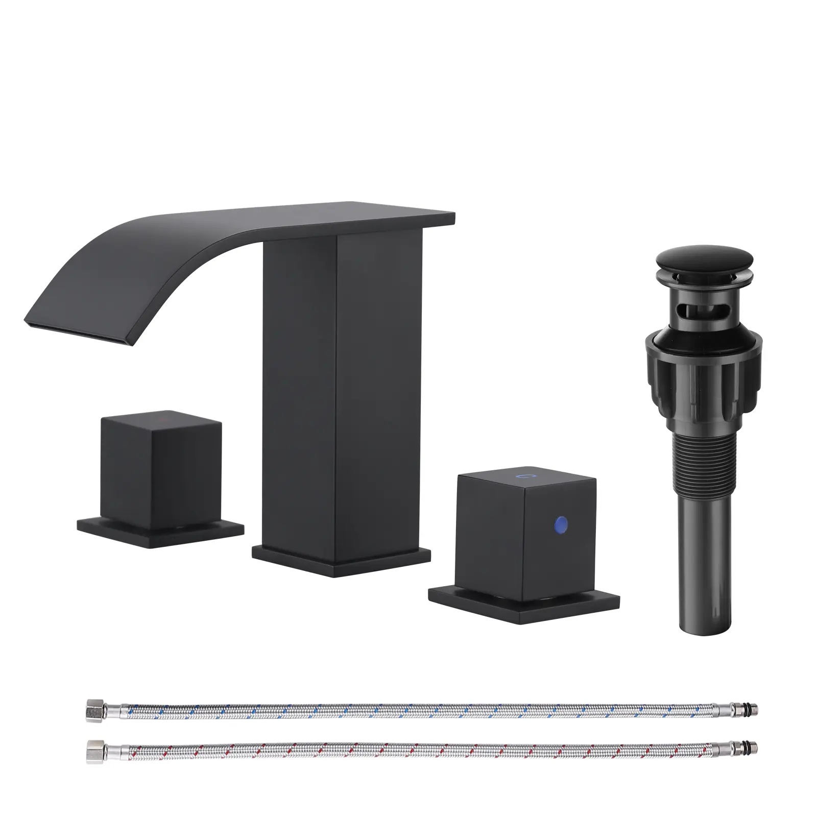 WOWOW Waterfall Bathroom Faucet 3 Hole: 8 Inch Widespread Bathroom Faucet Matte Black, Modern 2 Handles Bathroom Sink Faucet with Pop Up Drain, Double Handle Faucet, Stainless Steel Faucet