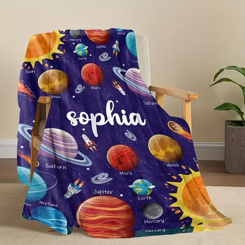Soft Funny Throw Blanket Custom Name Space Planets Blanket Personalized Name Blanket Gift Soft Throw Blanket Flannel Blanket 1pc