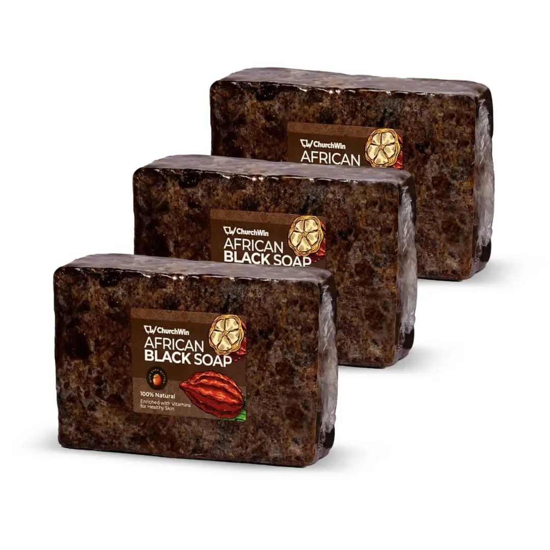 CW CHURCHWIN African Black Soap (3 Pieces, 5.3 oz) - Gentle Nourishing Cleanser, Hydrating Body Care Moisturizer with Cocoa, Shea, Vitamins A,E,Iron for Acne, Eczema, Hyperpigment Help, Storage Included