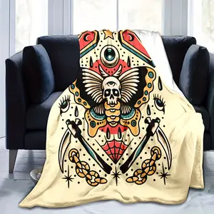 [Flannel Blanket] 1pc Flannel Blanket - Ghost Print Blanket - Warm And Comfortable Soft Blanket - Suitable for Sofa Bed, Sofa Car Office Camping Trip - Gift Blanket for All Seasons - Suitable for Halloween
