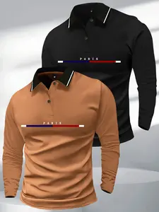 Spring/Autumn Lightweight Two-Piece Long Sleeve Polo Shirt with Collar T-Shirt - Simple Retro Style, Personalized Letter Pattern Print, Casual Men's Everyday Outdoor Sports Lightweight Business Outdoor Running Top