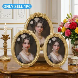 European Vintage Rose Carving Oval Photo Frame, Resin Material Hand-Painted, Home Decor for Bedroom, Living Room, Office