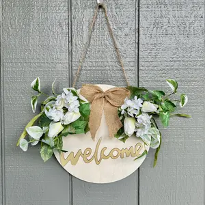 12" Welcome Sign Wreath for Front door with White Cream Hydrangea Cream Tulip and Hydrangea Home Decor Door Hanger Colorful Decoration