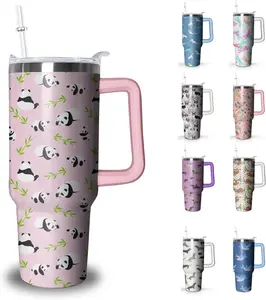 40 oz Printed Stainless Steel Insulated Tumbler - Panda Design, Handle, Lid, Straw, Portable Beverage Drinkware, Travel Coffee Mug Water Bottle, Birthday Christmas Gift for Animal Lovers Women