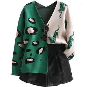 Women's Leopard Tiger Print Cardigan V Neck Long Sleeve Color Block Button Down Sweater Outwear