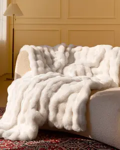 BLUNIQUE Ultra Soft Cozy Faux Fur Throw Blanket 800GSM Fuzzy Plush Thick Bubble Blanket for Couch Bed Living Room Fleece 50x60 inch High-Low Wave Design Ultimate Comfort & Warmth
