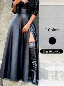 [Plus Size] Solid Split Thigh Zipper Back Pu Leather Skirt, Elegant Fashion Loose High Waist Long Skirt for Party Club Dating, Women's Clothing for All Seasons, Bottom