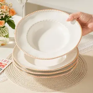 4pc Ceramic 9 Inch Roman Glaze Design Dinner Plates, Pasta Plate Salad Dessert Fruit Bowl Set, Durable Daily Use Tableware