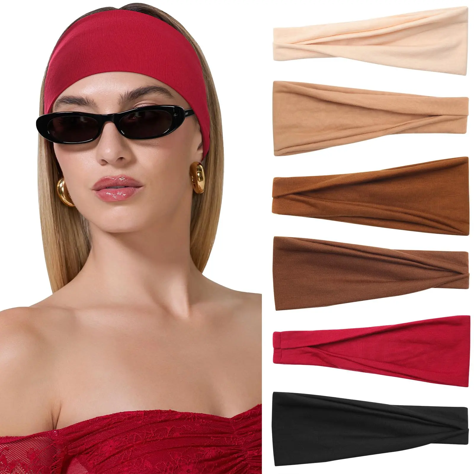 AWAYTR Women's Wide Workout Headbands (6 Pack) - Non-Slip, Stretchy Polyester Blend Hairbands for Yoga Workout, Running, Keeps Hair Away from Face, Headbands For Women, Birthday, Stretchy Headbands