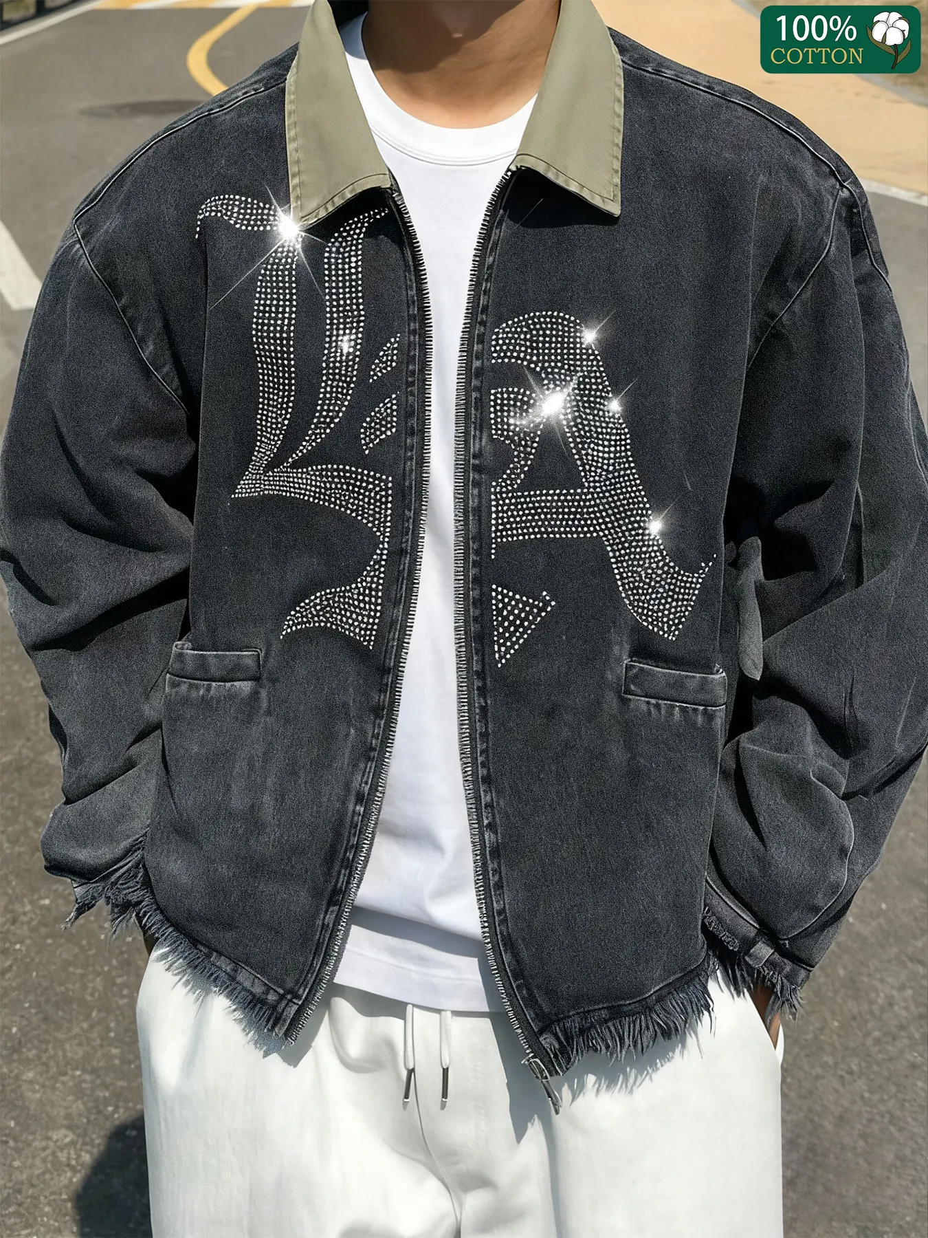 Men's La Rhinestone Denim Bomber Jacket, Streetwear Outerwear, Y2K Sparkle Vintage Street Style, High-Quality Cotton Fabric, Long Sleeve Fitted Design, All Seasons Wear