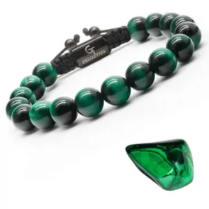 GT Collection Men's Green Tiger Eye Beaded Bracelet - High-End Natural Gemstones, Strong Braided Cord, Adjustable Macrame Knot, 80g, Presentation Box