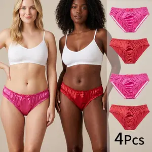 4pcs sweet, ruffled satin lace panties for women, soft and comfortable casual briefs, lovely pink color,sexy womenswear,Valentine's Day gift