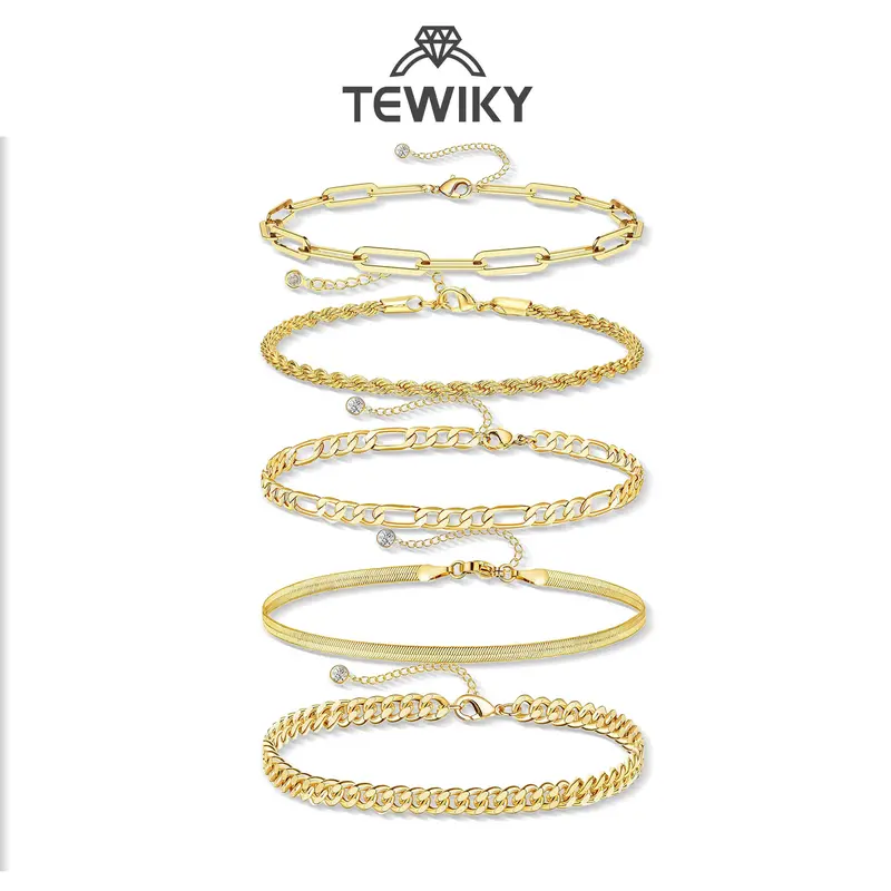 Tewiky 5-Piece Mix-Match 14K Gold Plated Waterproof Women's Bracelet Set - Trendy Thin Dainty Stackable Cuban Link, Paperclip Chain, Skin-Safe Metals Minimalist Costume Jewelry, Mom Birthday Gift