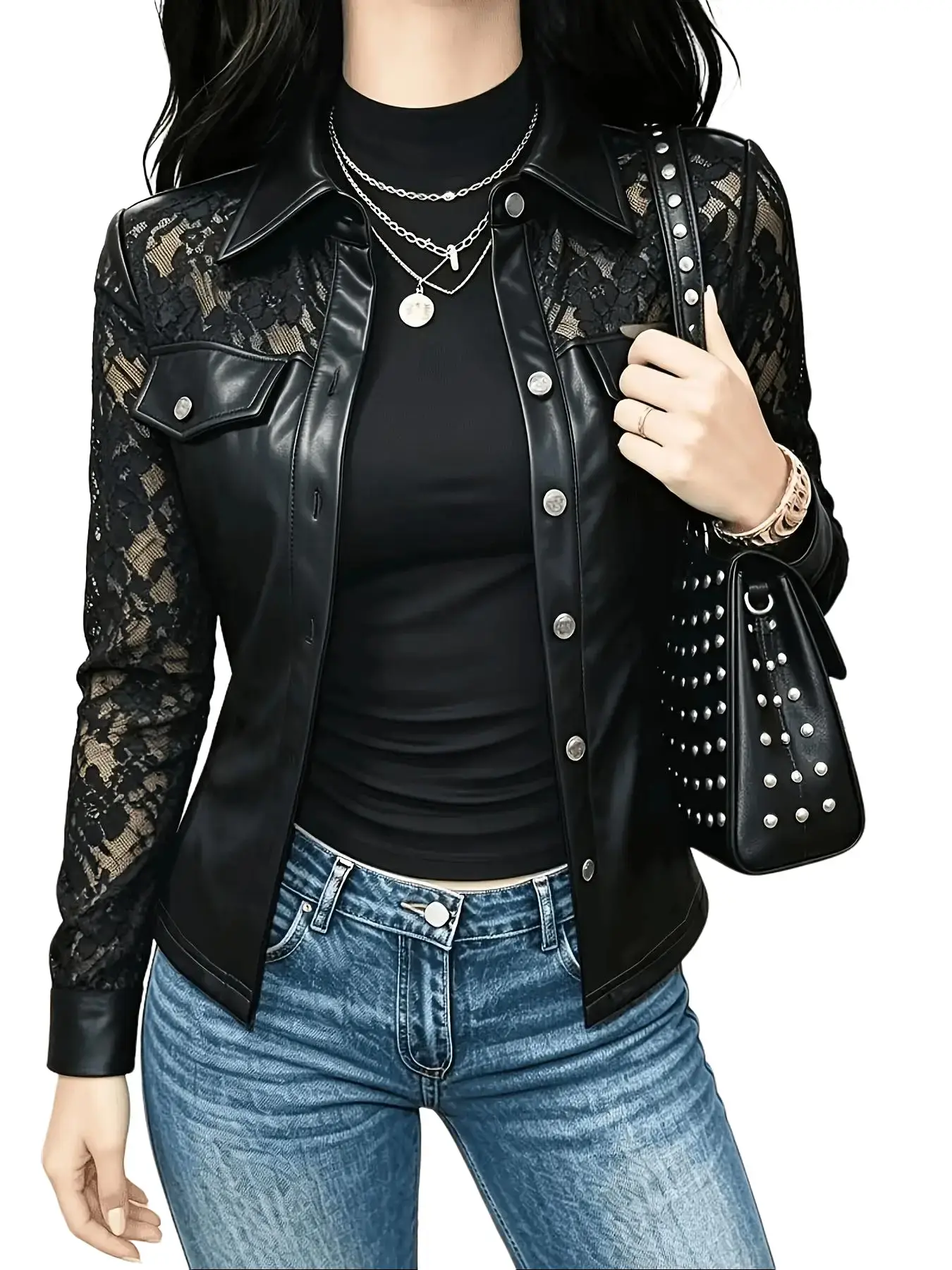 Women's Faux Leather Jacket with Lace Sleeves, Button Down Lapel Collar PU Jacket, Long Sleeve Casual Outerwear for Fall Spring, Stylish Going Out Top