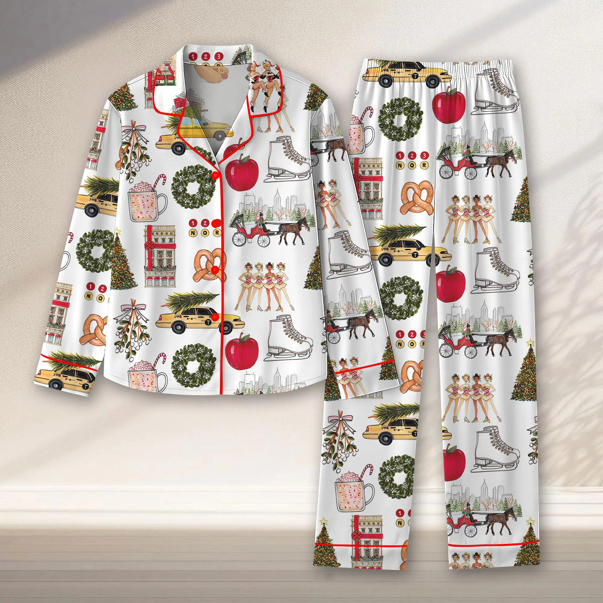 Christmas In New York Pajama Set, Christmas Sleepwear Gifts Nightwear Pajama Satin, In New York Nightwear Set for Her Pajama, Nighwear Set
