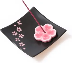Japanese Ceramic Handmade Cute Cherry Blossom Incense Stick Holder or Incense Burner Holder, Unique Ash Catcher Inscent Tray and Decorative Gift, Home Decor 3.94 Inches, Square Pink Oavand