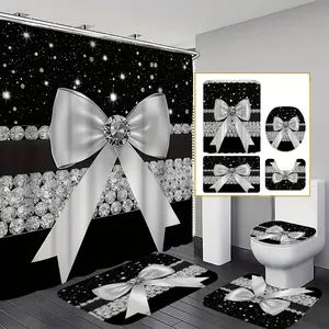 1/4pcs Dazzling Luxury Style Diamond Bow Pattern Polyester Printed Shower Curtain Set, Valentine'S Day Decoration, Bathroom Including Bathroom, U-Shaped, Toilet, 70.87X70.87inch Shower Curtain with 12 Hooks Can Be Used As Holiday Gifts.