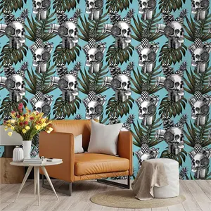 Tropical Skull Wallpaper, Light Blue Base, PVC with Adhesive Back, Easy Peel & Stick, Ideal for Kitchen, Living Room, Bedroom Decor