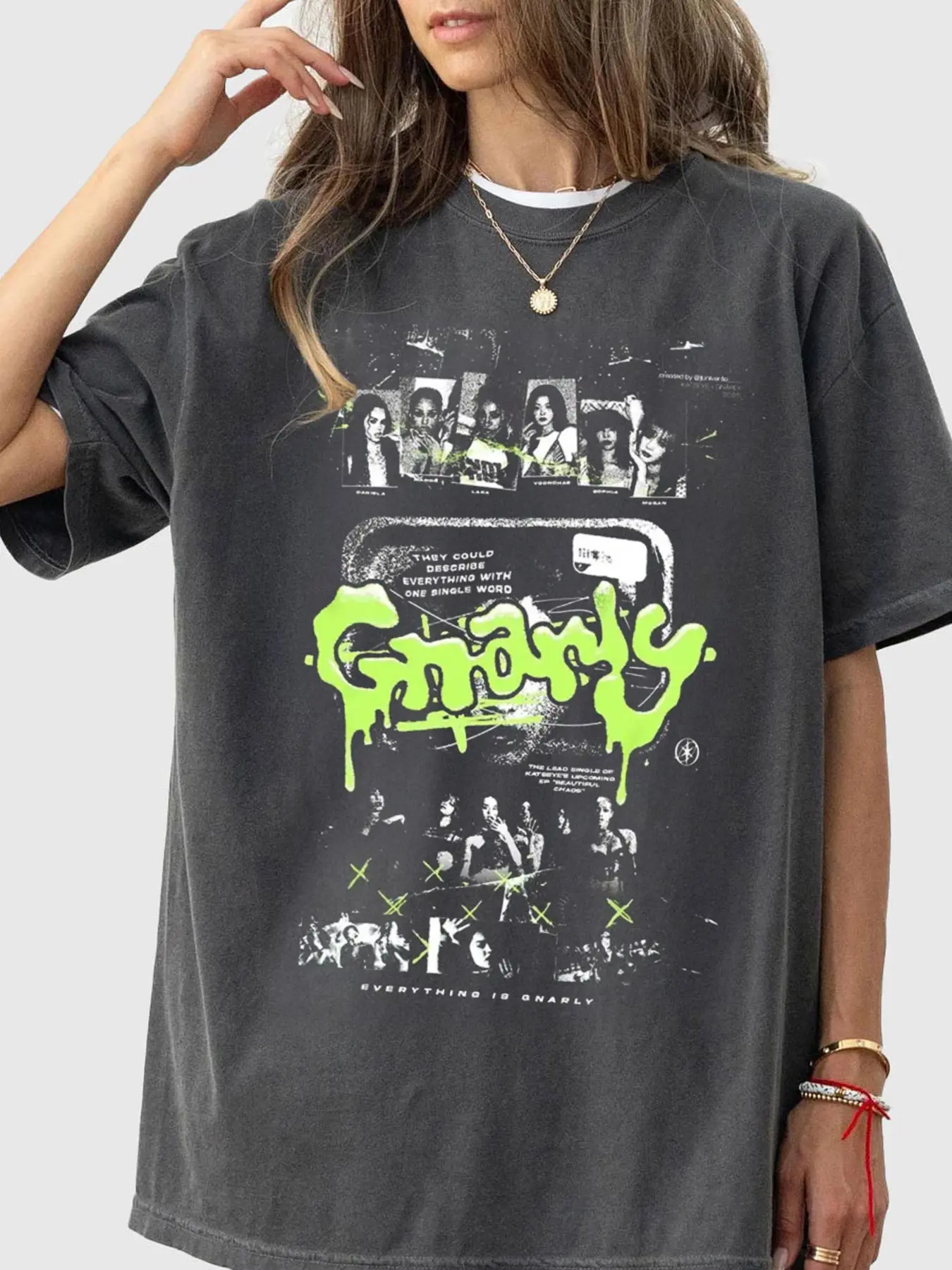 Katseye Gnarly Kpop Fan Merch Women's T-Shirt - Streetwear, Casual, Aesthetic, Round neck, Vintage Distressed Graphic with Group Photos, Neon Green 'Gnarly' Drip Print, Retro Eyekon Fandom Outfit for Fan Gatherings, Kpop Meetups, Soft Washed Fabric
