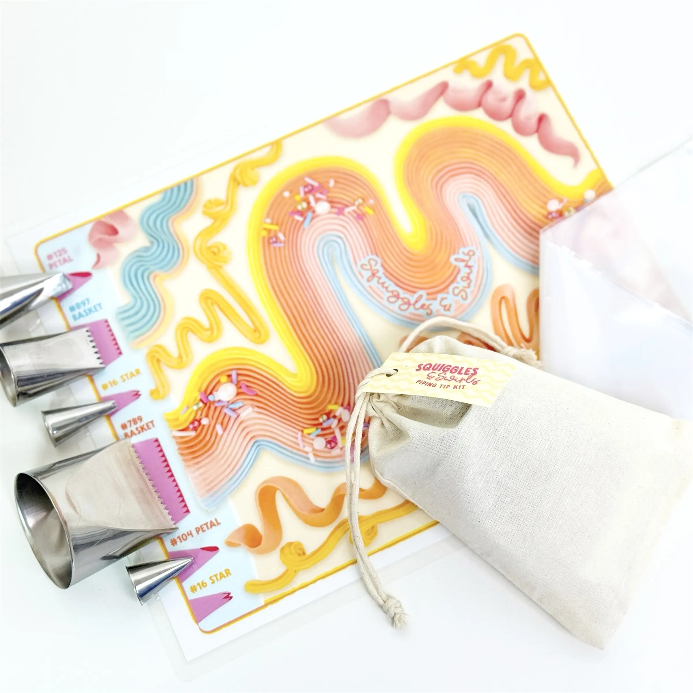 Squiggles & Swirls Piping Practice Kit with 5 Nozzles, 8 Piping Bags, Reusable Practice Sheet, & Free Video Guide Modern Cake Decorating Bakeware Gift Idea