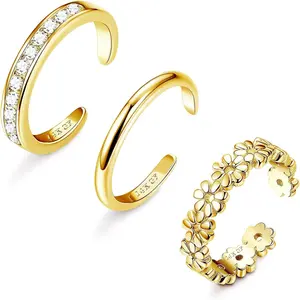 CASSIECA 3PC Toe Rings for Women Adjustable Gold Plated Toe Ring Set Open Band Simple CZ Daisy Flower Toe Rings Hawaiian Summer Beach Foot Jewelry for Women