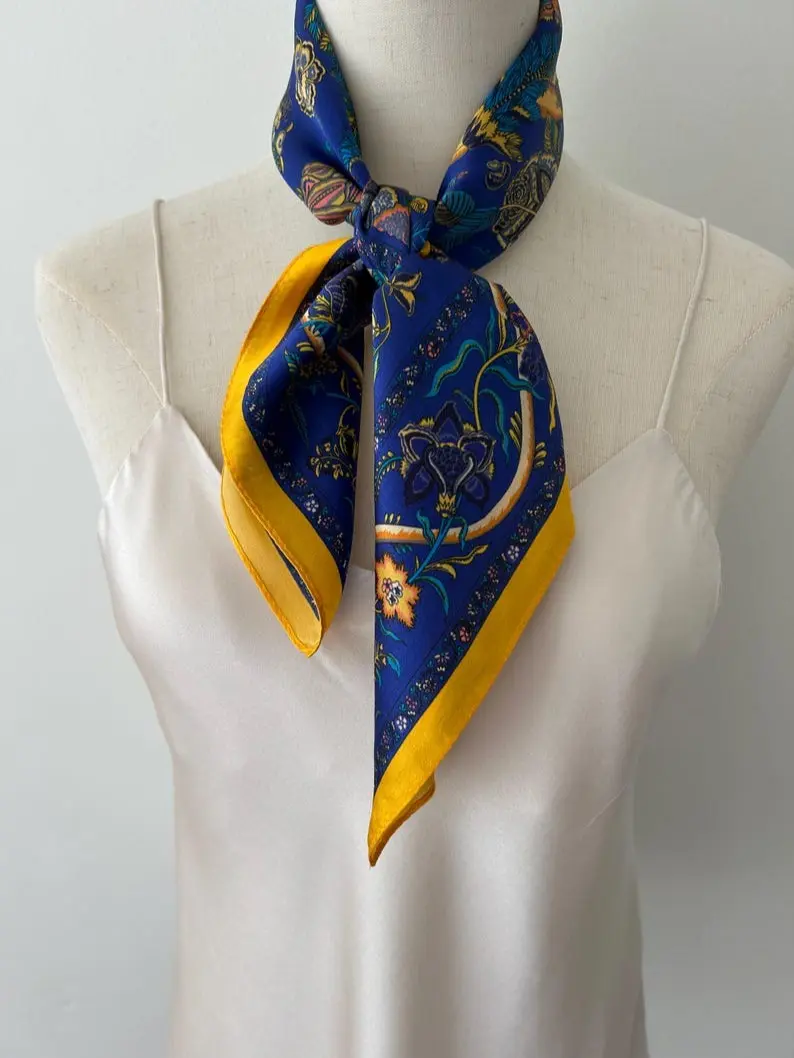 Mulberry Silk Scarf: Blue Floral Cloisonne Print Neckerchief (26” Square)