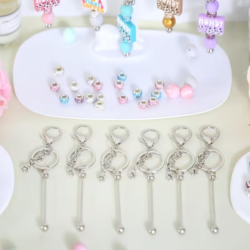 6 Set Beadable Keychains, Bulk Beadable Keychains Bars DIY Blank Keychain, Metal Beaded Keychain with Bars Silicone Beads Spacer Beads