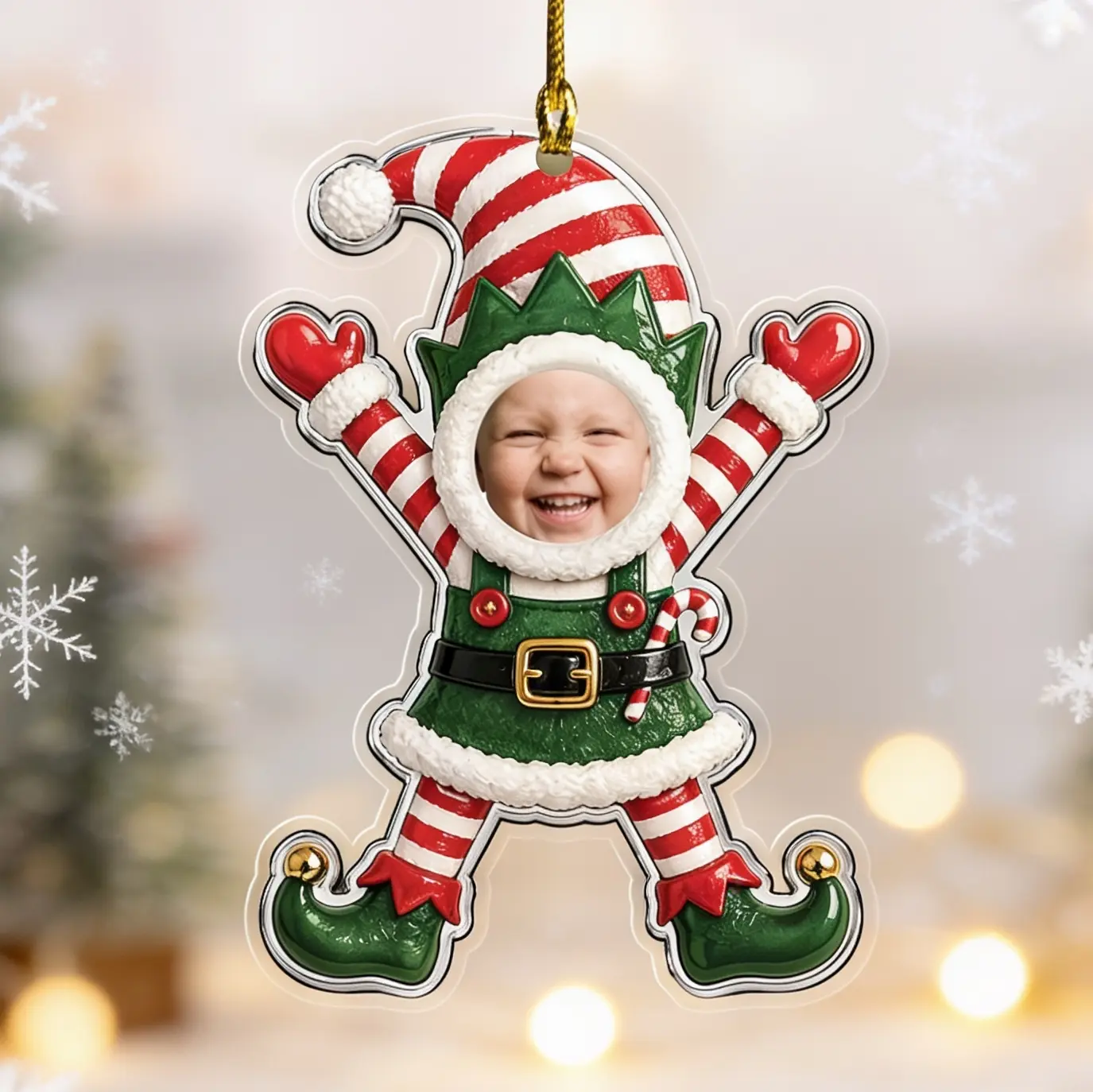 Personalized Baby Face Elf Acrylic Christmas Ornament, Custom Photo Christmas Ornament, Baby's First Christmas Keepsake, Cute Holiday Tree Decoration