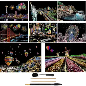 Scratch Art Rainbow Painting Paper(A4), Womens Hobbies DIY Art Crafts for Youth Adults Engraving Scratch Painting,Thanksgiving & Christmas Birthday Creative Gift Set 8 Sheets(Landscape & City View)
