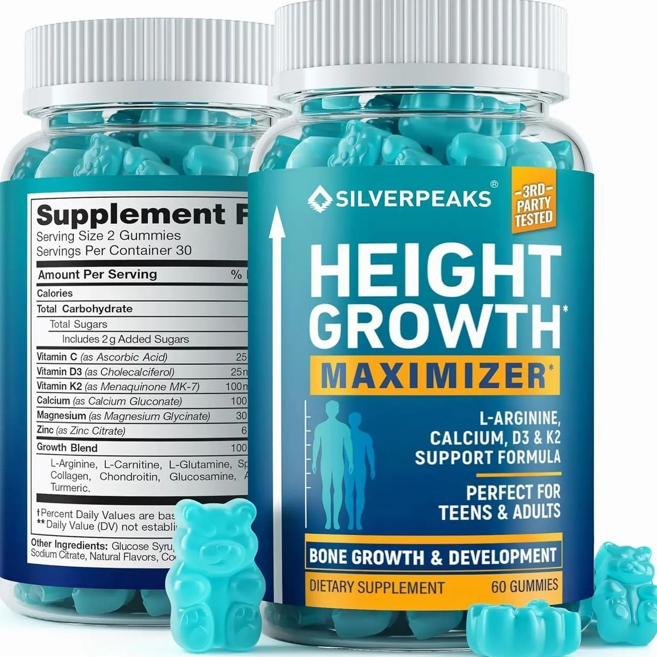 SILVERPEAKS Height Growth Gummies for Kids, Teens & Adults - Height Growth Maximizer Supplement with Calcium, Vitamins D3 & K2, Magnesium, Zinc for Bone Strength & Height Increase - 60 Gummy Chews