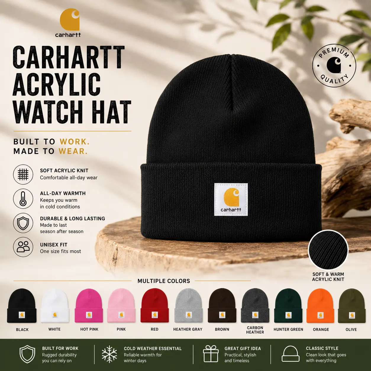 Carhartt Watch Hat Beanie Warm Acrylic Knit Winter Cap for Men Women Cuffed Stretch Beanie Outdoor Workwear Hat Cold Weather Skull Cap Casual Fashion Streetwear Soft Comfortable Everyday Wear Adult One Size Unisex Gift