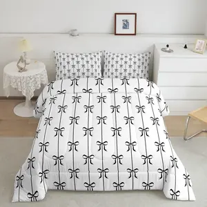 Black Bow Kids Bedding Set ,Boys Girls Cute Coquette Bowknot Comforter Set,Bow Ribbon Ultra Soft Duvet Quilt,Butterfly Knot Princess Comforter Princess Style Bedroom Decor