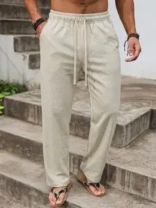 Men's Summer Casual Drawstring Waist Long Pants, Solid Color Linen Material, Lightweight & Breathable, Ideal for Outdoor Activities