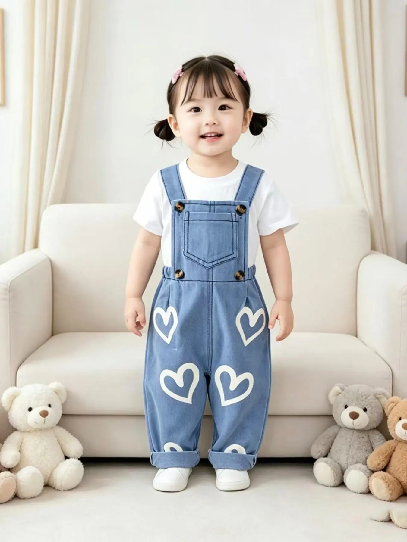 Baby Denim Overalls, Baby Long Pants, Baby Girl Jumpsuit, Kids Casual Pants, Toddler Denim Overalls, 6M-3Y baby girl spring autumn heart print soft denim overalls loose harem style no tight waist, ideal for daily home outing birthday photo shoot