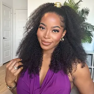 [3 In 1 Half Wig] OQ HAIR Afro Curly Wear Go Half Wig 250% Density Invisible Hairline 3-IN-1 Glueless Human Hair Wigs Seamless Flip Over Wig Beginner Friendly Updo Down Style Comfortable Fit Vacation Hair Wig dealsforyoudays