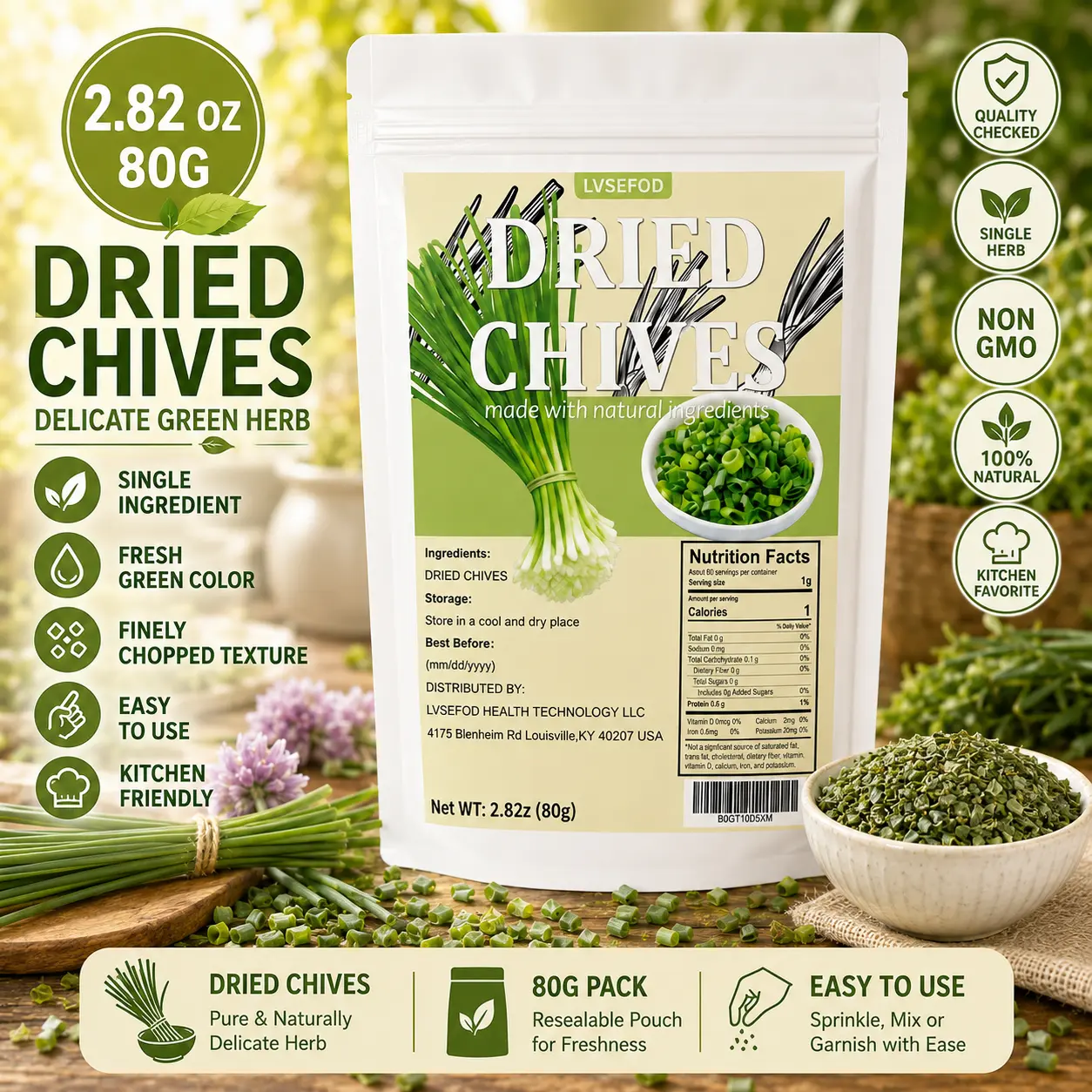 LVSEFOD Premium Finely Chopped Dried Chives (80g/2.82 oz) Single Herb Spice, Naturally Dehydrated, Ambient-Storage, Moisture-Resistant Resealable Bags, Easy-to-Use Flavor-Booster for Ramen, Stews (Suitable for All Ages), Add To Dips