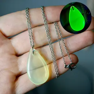 UV Reactive Uranium Yellow Opaline Teardrop Pendant Necklace - 19.5” Chain