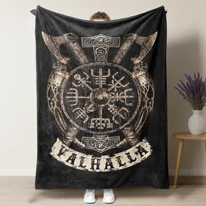 Viking Valhalla Blanket – Norse Mythology Design Featuring Vegvísir Compass, Axes & Mjölnir Symbols, Perfect for Viking & Norse Pagan Fans, Ideal for Cozy Bedroom & Man Cave Decor