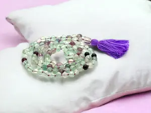 Rainbow Fluorite Mala Bead Necklace with Tassel