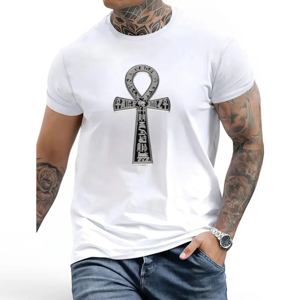 Men'S T-Shirt with Egyptian Ankh Symbol - Made Of, Round Neck, Short Sleeves, Suitable for Summer Casual Wear And Outdoor Fitness, Comfortable And Machine Washable