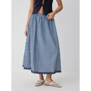 Cider High Rise Gingham Lace Trim A-line Maxi Skirt SwimWeek