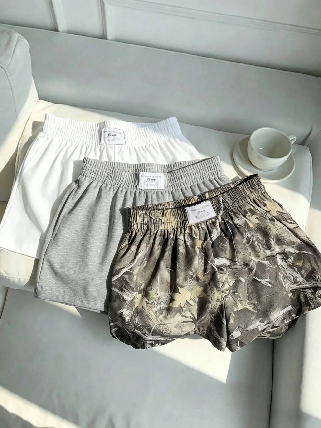 3-Pack Summer Women's Basic Camo/plain Drawstring Waist Adjustable Shorts Bottom, Loose-Fit Baggy Casual Sporty Pants, Thin Lightweight Breathable Elastic Waist, Daily Wear, Versatile Home & Outdoors