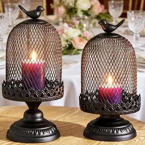 Vintage Black Birdcage Candle Holder & Flower Vase, Shabby Chic Metal Wire Lantern with Bird Finial， Wedding Table Candle Holder, Iron Art Carved Birdcage Design, Lace Edge, Holiday Home Party Decorations