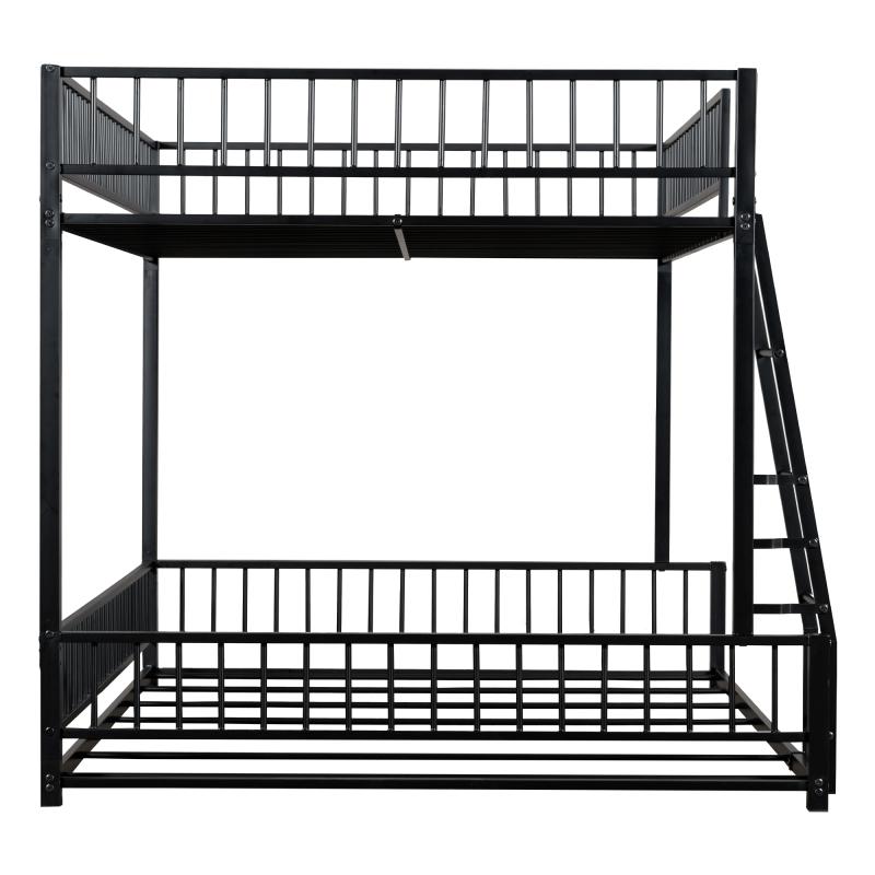 Modern Full XL Over Queen Bunk Bed Frame, Metal Floor Bunk Bed Frame with Ladder & Guardrails, No Spring Box Needed, That Can Separate, Black