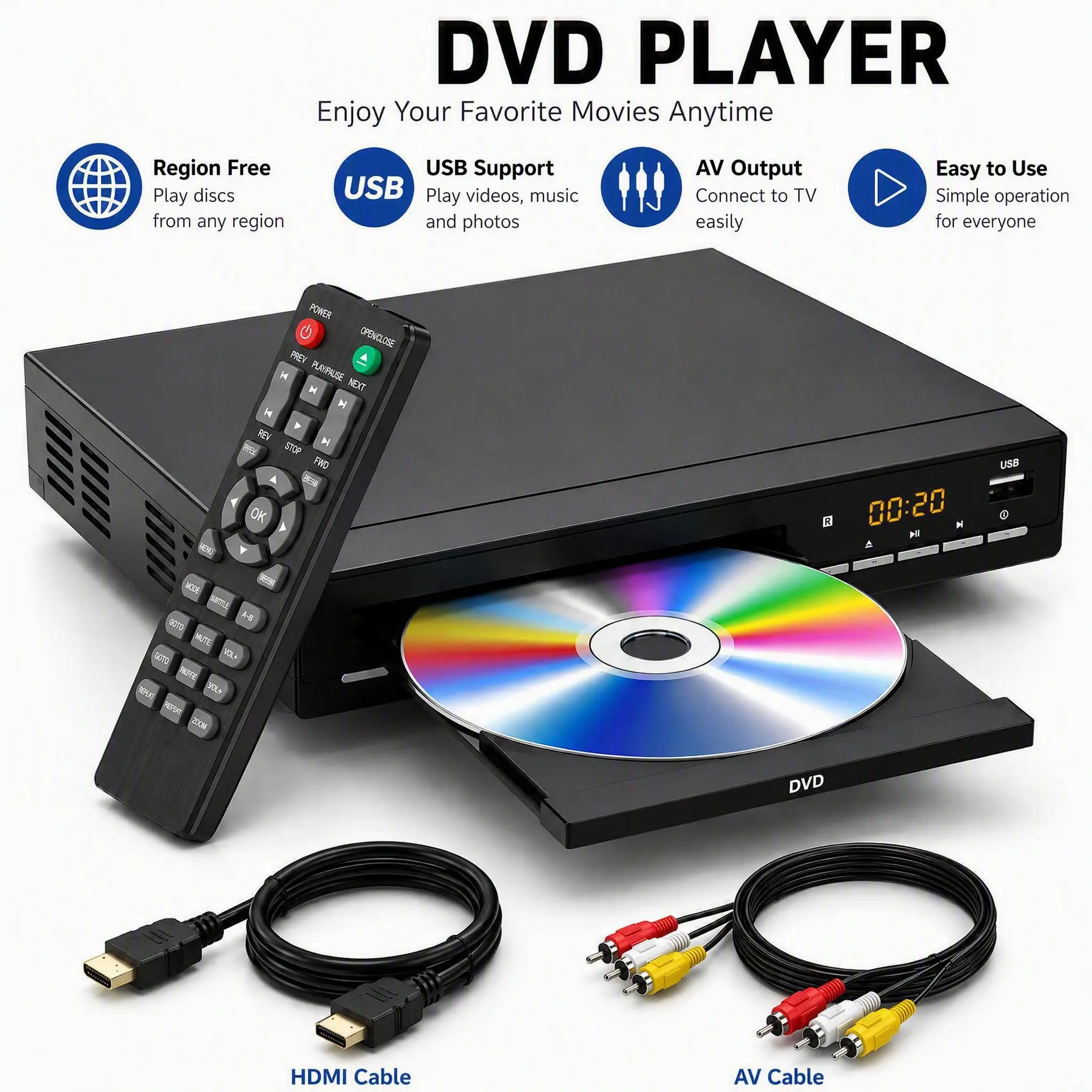 Region-Free External DVD Player for Smart TV, Home Use Digital Media Hub with 1080p HD, Wired USB & HDMI Ports, CD/DVD Support, 128GB USB Compatibility, Crisp Audio for Movies, Remote Ctrl, Standard Box