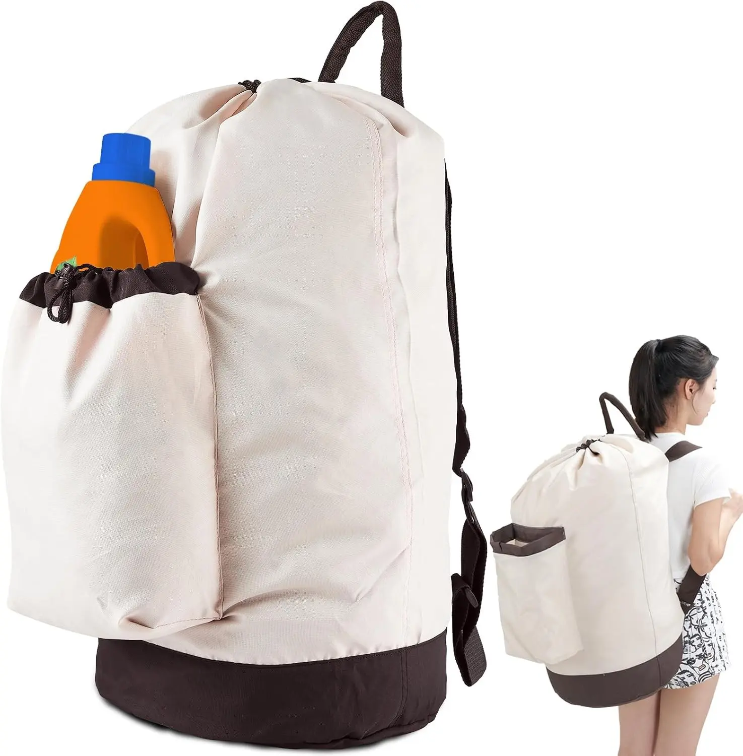 Laundry Bag Backpack with Shoulder Straps and Detergent Holder Clothes, Travel Laundry Backpack Bag Hamper for College (Khaki w Brown)