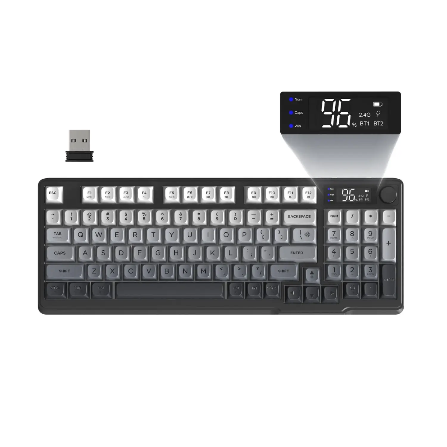 Freewolf M96 Wireless Gaming Keyboard, Knob Control BT/2.4g, RGB LED Backlight Display, Pbt Keycap, 3000mah Battery, Us Layout, LED Backlit Keyboard